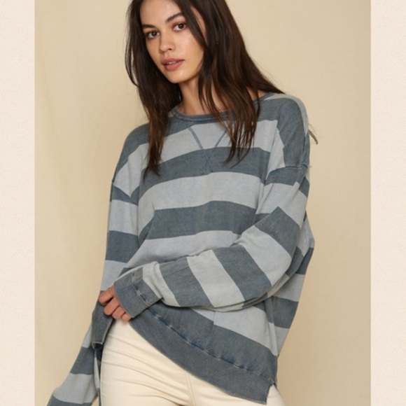 Blue Striped V-Stitched Stone Washed Sweater - Picture 1 of 12